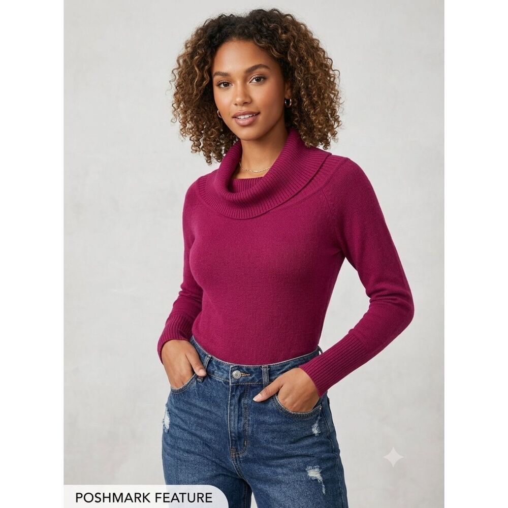 Cowl Neck Ribbed Knit Sweater Large Magenta Pink Soft Modal Blend